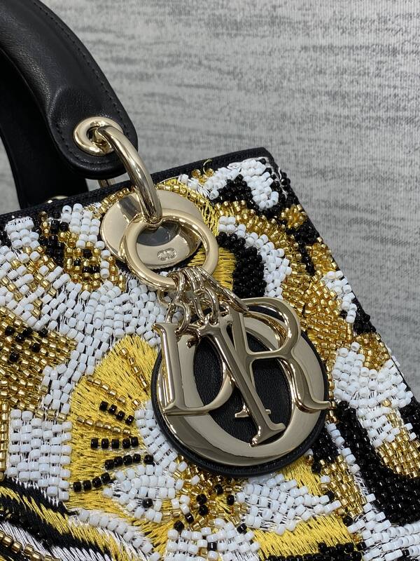 Dior Lady Black Gold White beaded embroidery shoulder — Premium Replica