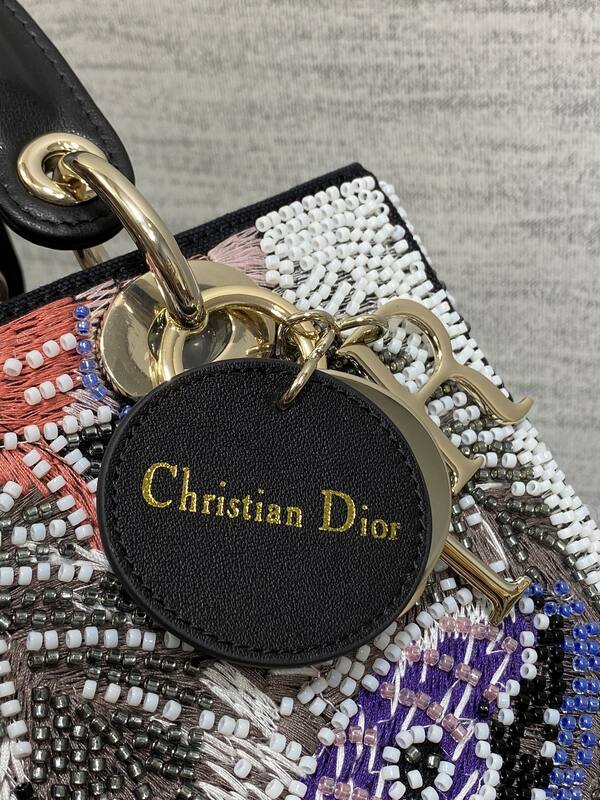 Dior Lady Multicolor beaded embroidery with black handle shoulder — Premium Replica
