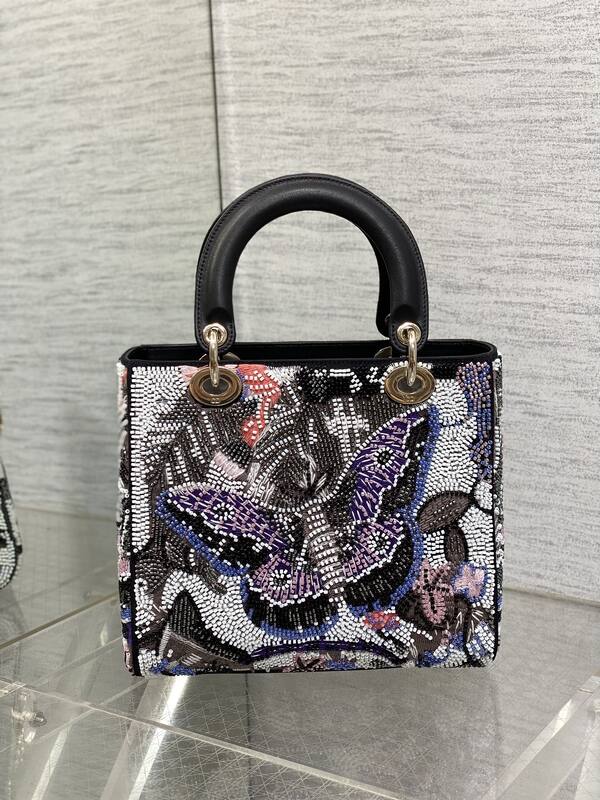 Dior Lady Multicolor beaded embroidery with black handle shoulder — Premium Replica
