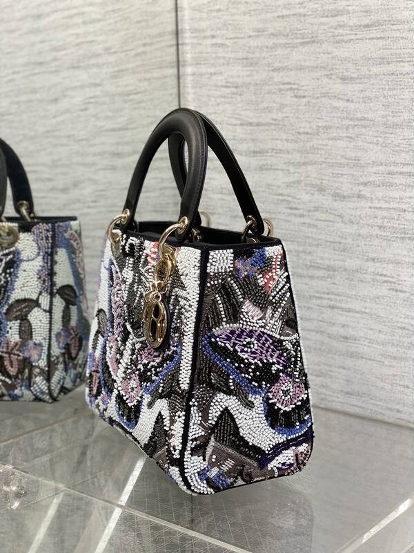 Dior Lady Multicolor beaded embroidery with black handle shoulder — Premium Replica