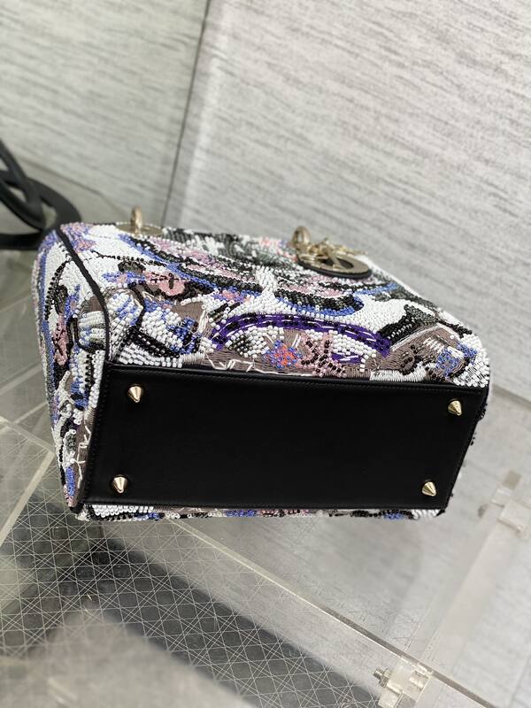 Dior Lady Multicolor beaded embroidery with black handle shoulder — Premium Replica