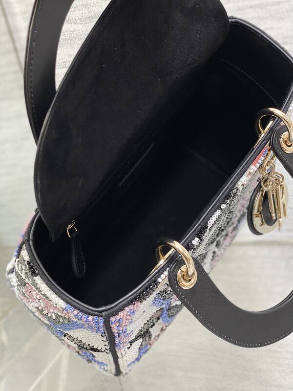 Dior Lady Multicolor beaded embroidery with black handle shoulder — Premium Replica