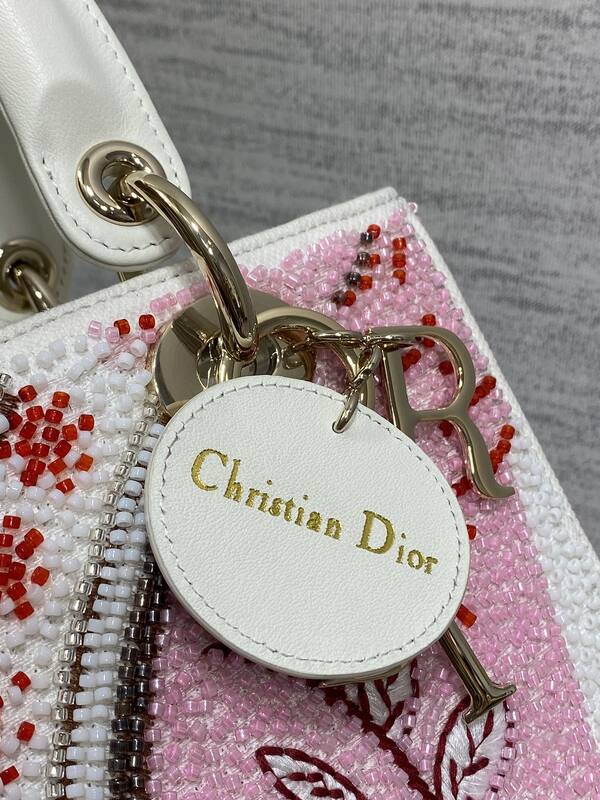 Dior Lady Pink beaded with white leather shoulder — AAA Quality Replica