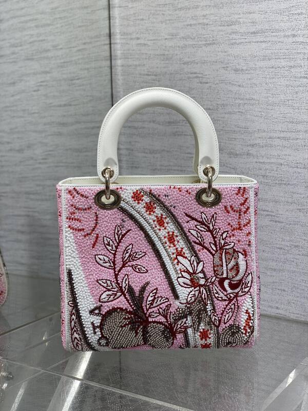 Dior Lady Pink beaded with white leather shoulder — AAA Quality Replica