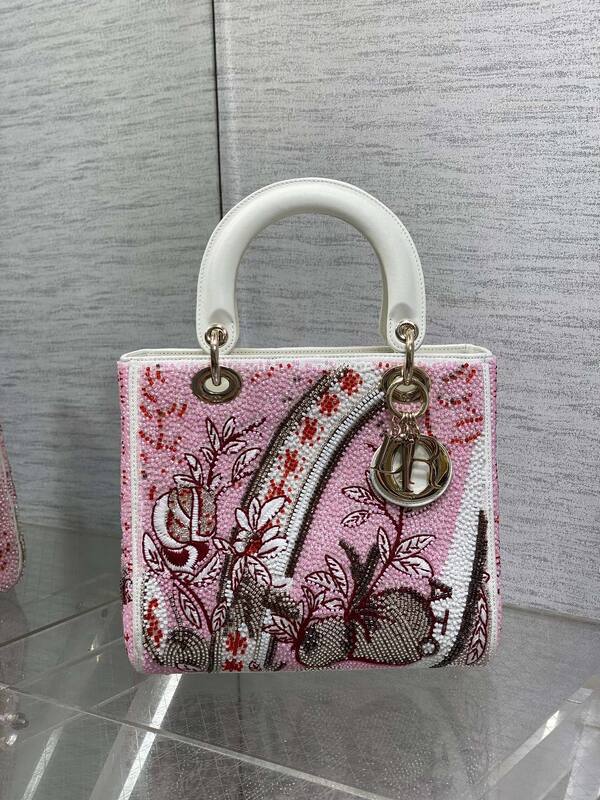 Dior Lady Pink beaded with white leather shoulder — AAA Quality Replica