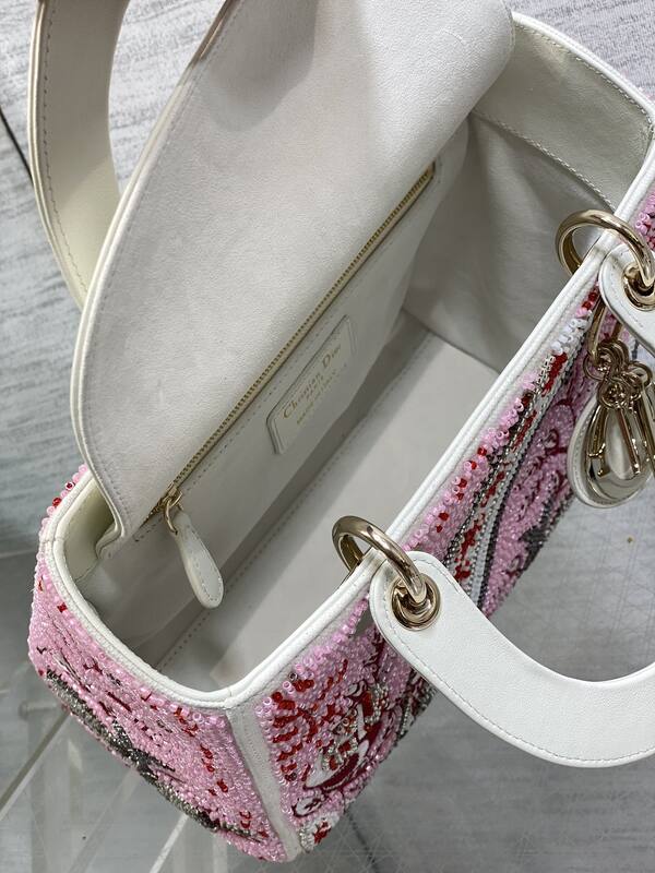 Dior Lady Pink beaded with white leather shoulder — AAA Quality Replica