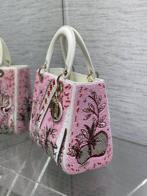 Dior Lady Pink beaded with white leather shoulder — AAA Quality Replica