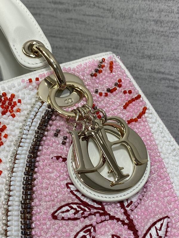 Dior Lady Pink beaded with white leather shoulder — AAA Quality Replica