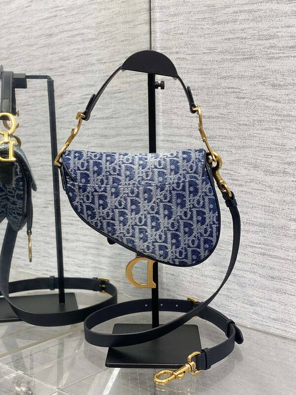 Dior Blue Oblique denim with black leather crossbody — Top Quality Replica