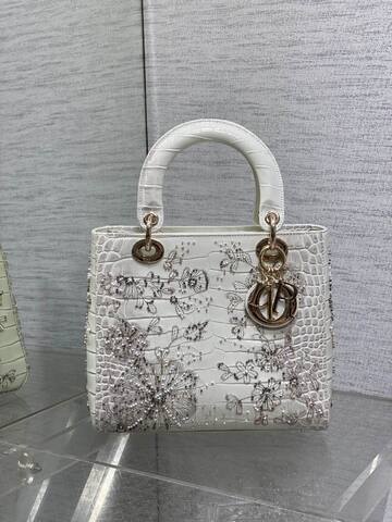 Dior Lady White crocodile-embossed with floral beading shoulder AAA Quality Replica