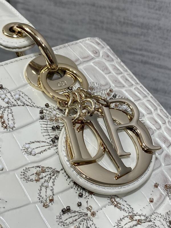 Dior Lady White crocodile-embossed with floral beading shoulder — AAA Quality Replica