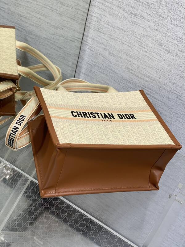 Dior Book Tote Beige Cannage canvas with brown leather trim — 1:1 Replica