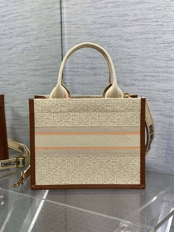 Dior Book Tote Beige Cannage canvas with brown leather trim — 1:1 Replica