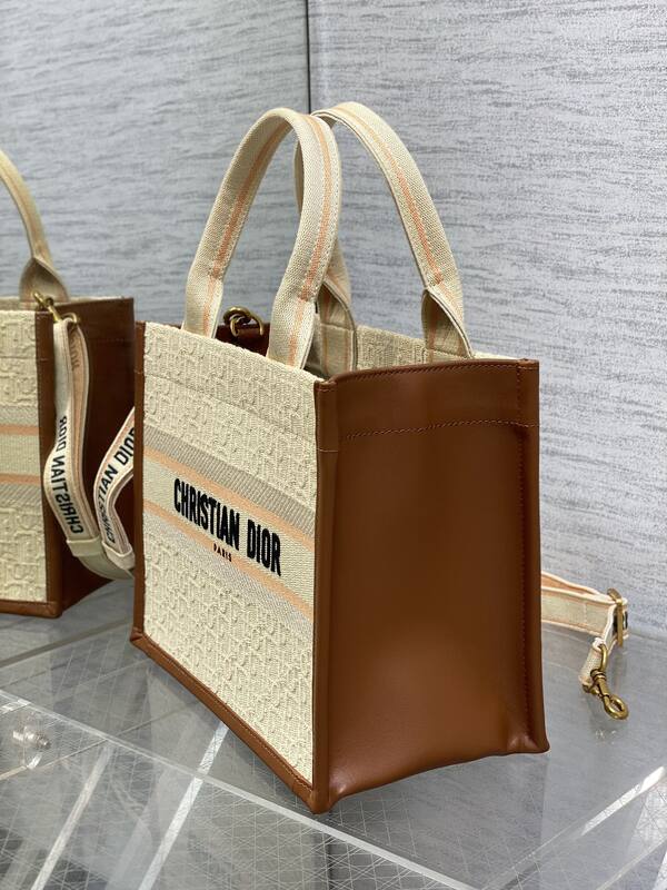 Dior Book Tote Beige Cannage canvas with brown leather trim — 1:1 Replica