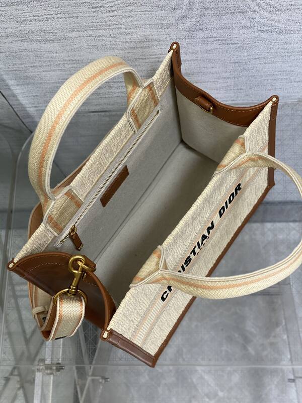 Dior Book Tote Beige Cannage canvas with brown leather trim — 1:1 Replica
