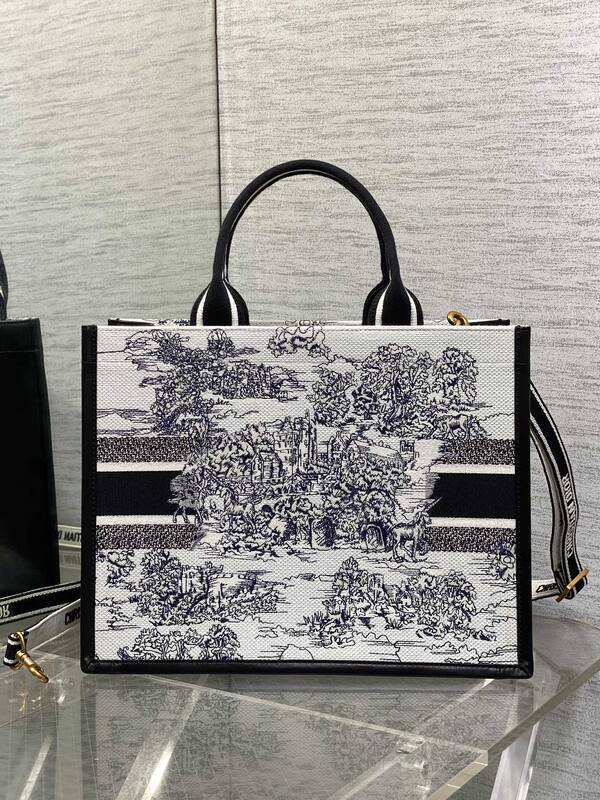 Dior Book Tote Black and White Toile de Jouy Canvas medium — Top Quality Replica