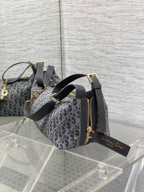 Dior Grey Black Oblique jacquard with black leather crossbody — Top Quality Replica