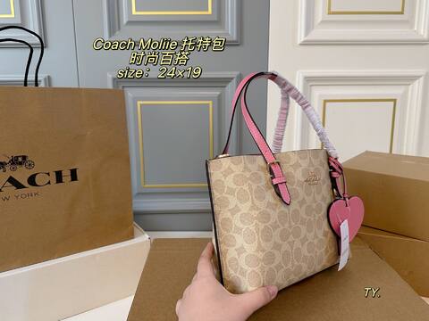 Coach Mollie Signature Canvas Beige with Pink Trim 24x19cm tote Premium Replica