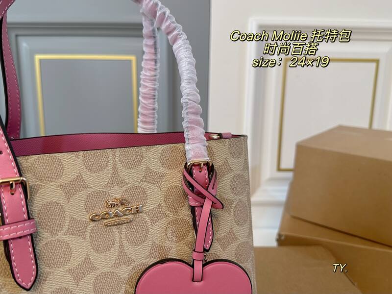 Coach Mollie Signature Canvas Beige with Pink Trim tote — Premium Replica