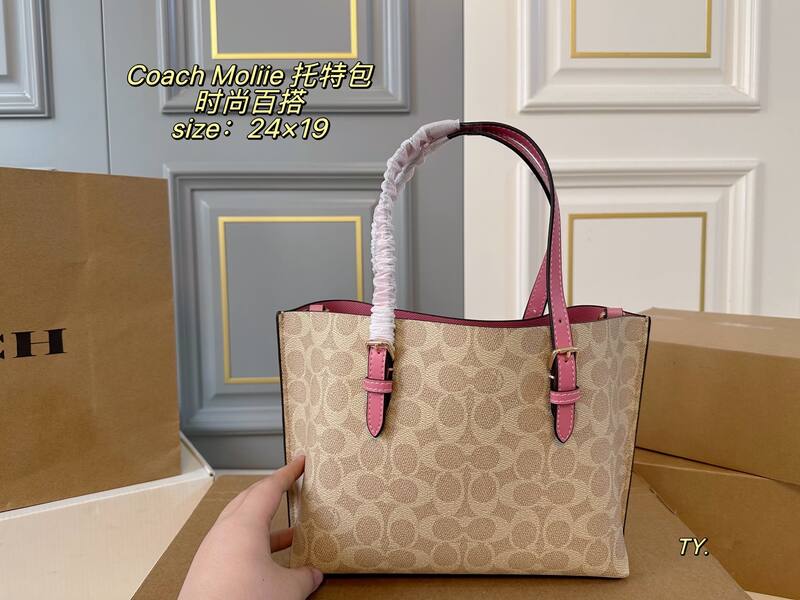Coach Mollie Signature Canvas Beige with Pink Trim tote — Premium Replica