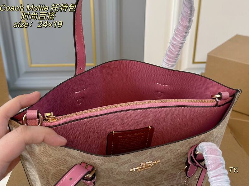 Coach Mollie Signature Canvas Beige with Pink Trim tote — Premium Replica