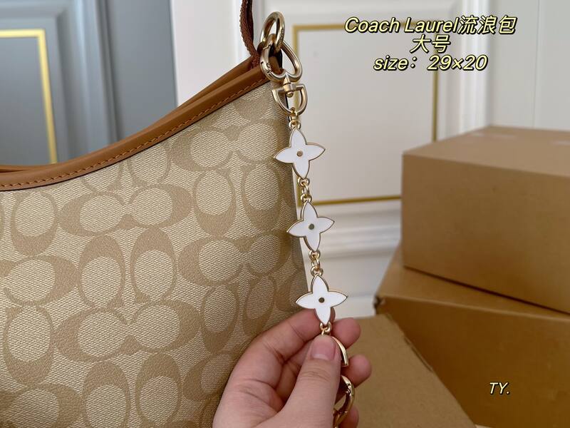 Coach Laurel Beige Signature Coated Canvas with Brown Leather Trim (large) shoulder — Top Quality Replica