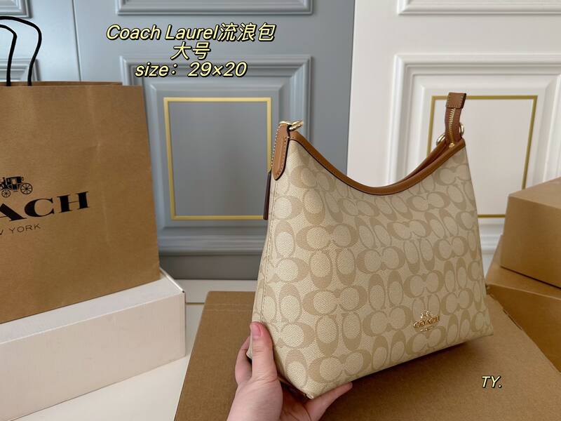 Coach Laurel Beige Signature Coated Canvas with Brown Leather Trim (large) shoulder — Top Quality Replica