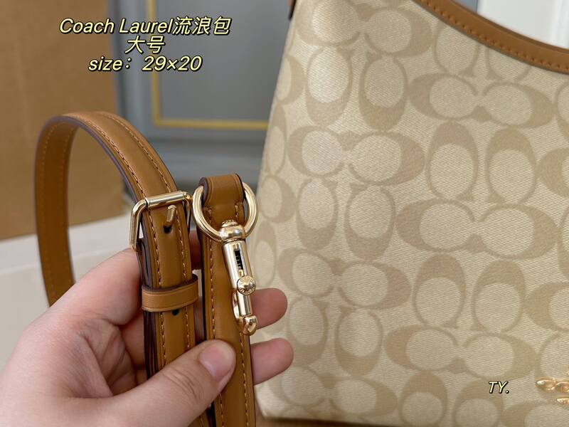 Coach Laurel Beige Signature Coated Canvas with Brown Leather Trim (large) shoulder — Top Quality Replica