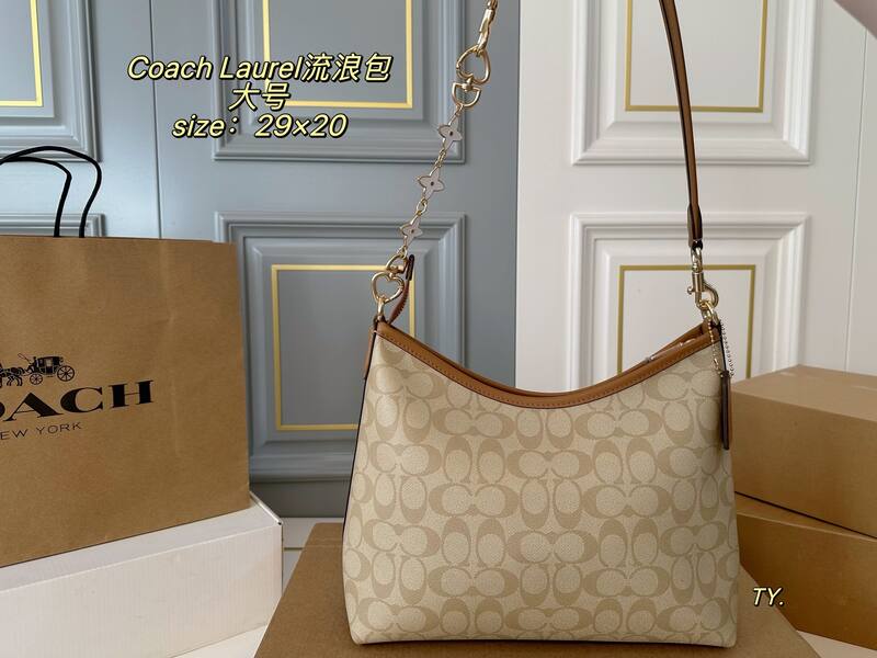 Coach Laurel Beige Signature Coated Canvas with Brown Leather Trim (large) shoulder — Top Quality Replica
