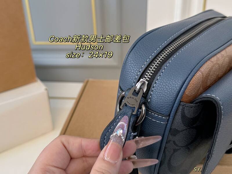 Coach Hudson Blue leather with black and tan signature monogram canvas crossbody — AAA Quality Replica