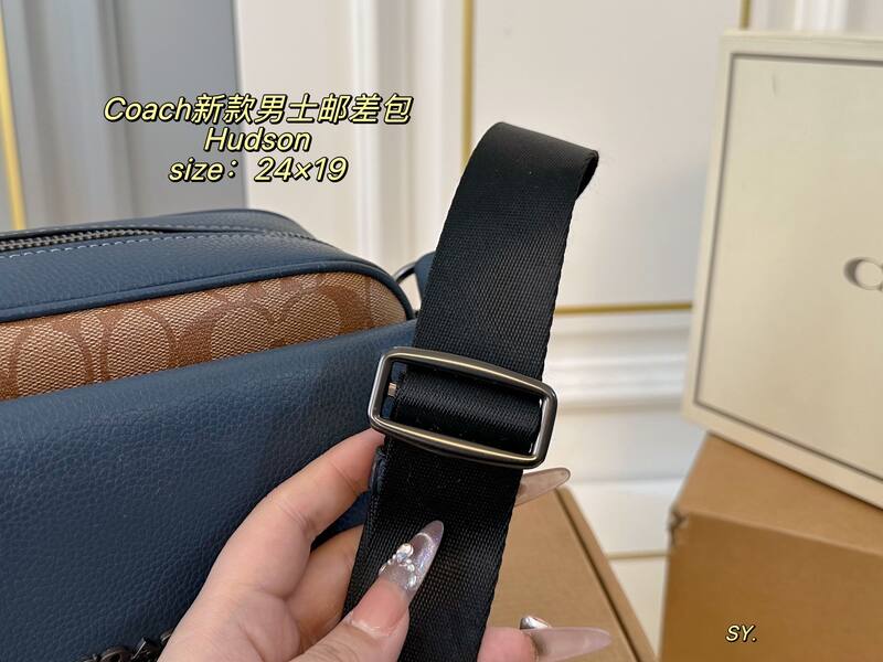 Coach Hudson Blue leather with black and tan signature monogram canvas crossbody — AAA Quality Replica