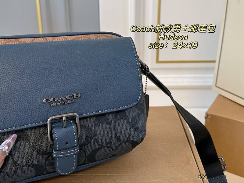 Coach Hudson Blue leather with black and tan signature monogram canvas crossbody — AAA Quality Replica