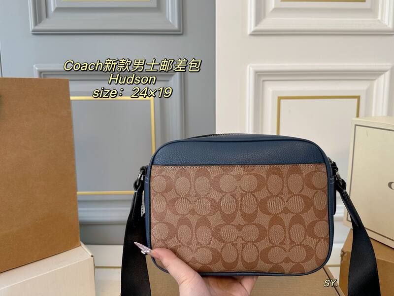 Coach Hudson Blue leather with black and tan signature monogram canvas crossbody — AAA Quality Replica