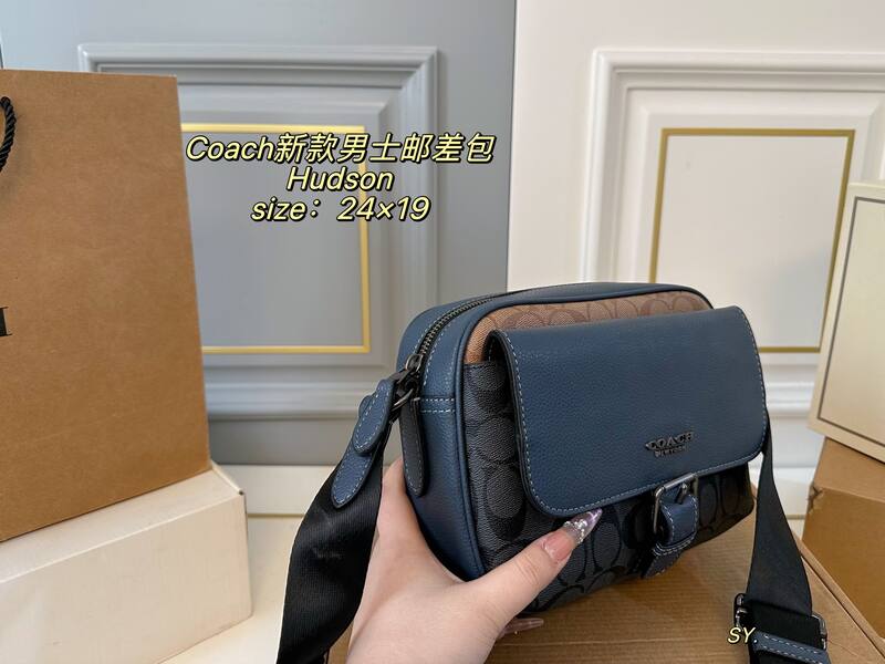 Coach Hudson Blue leather with black and tan signature monogram canvas crossbody — AAA Quality Replica
