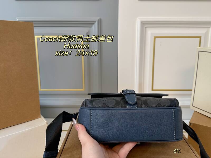 Coach Hudson Blue leather with black and tan signature monogram canvas crossbody — AAA Quality Replica