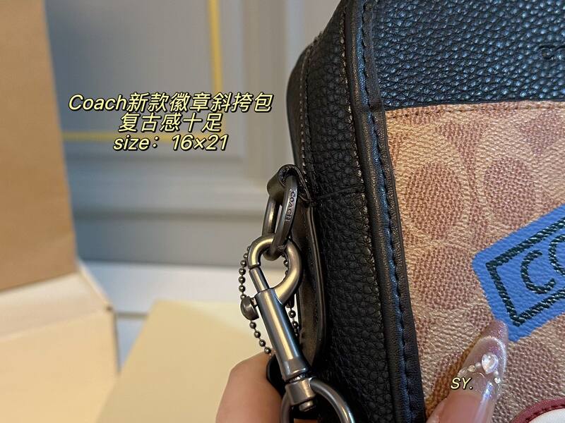 Coach Khaki Signature Canvas with Black Leather and Patches crossbody — Top Quality Replica