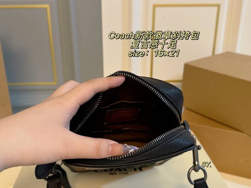 Coach Khaki Signature Canvas with Black Leather and Patches crossbody — Top Quality Replica