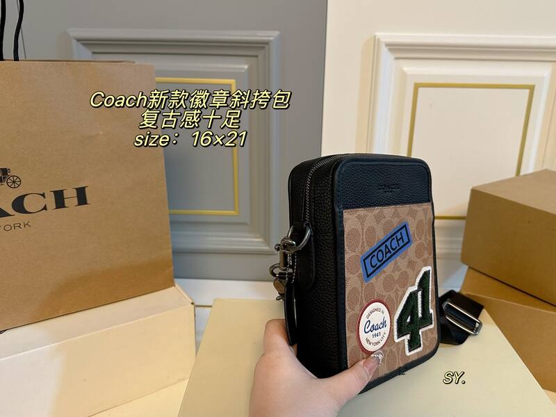 Coach Khaki Signature Canvas with Black Leather and Patches crossbody — Top Quality Replica