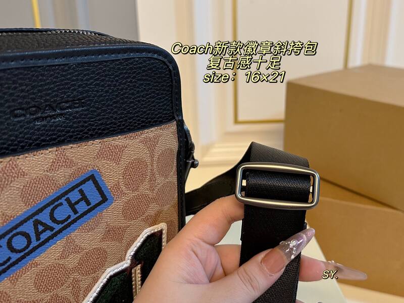 Coach Khaki Signature Canvas with Black Leather and Patches crossbody — Top Quality Replica