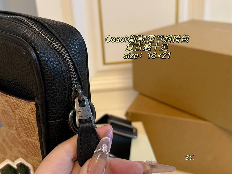 Coach Khaki Signature Canvas with Black Leather and Patches crossbody — Top Quality Replica
