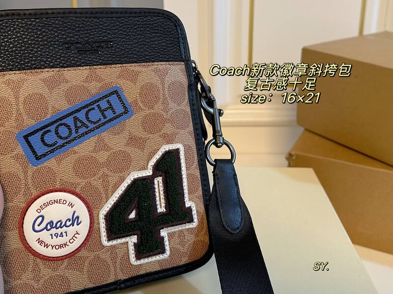 Coach Khaki Signature Canvas with Black Leather and Patches crossbody — Top Quality Replica
