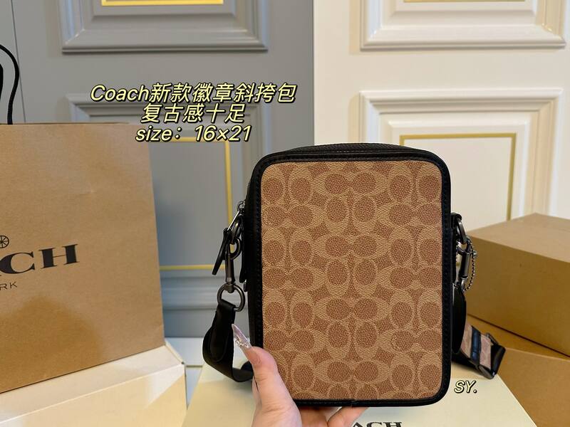 Coach Khaki Signature Canvas with Black Leather and Patches crossbody — Top Quality Replica