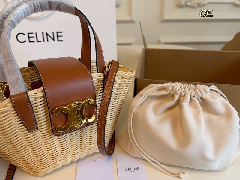 Celine Triomphe Natural wicker with tan leather trim handbag handbag — Premium Replica