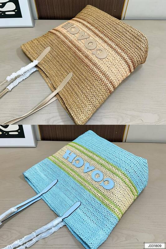 Coach Straw raffia striped (natural beige/brown light blue/beige/green) tote — 1:1 Replica