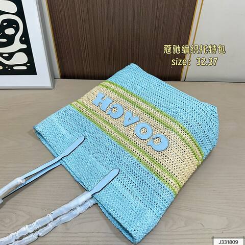 Coach Straw raffia striped natural beige brown light blue beige green 32x37cm tote 1 1 Replica