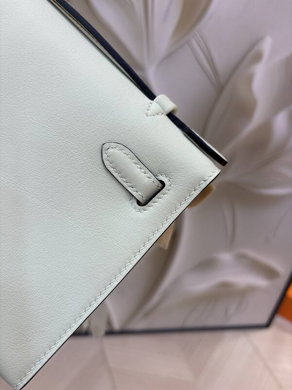 Hermes Kelly White Beige with Mint Feather Trim evening — Top Quality Replica