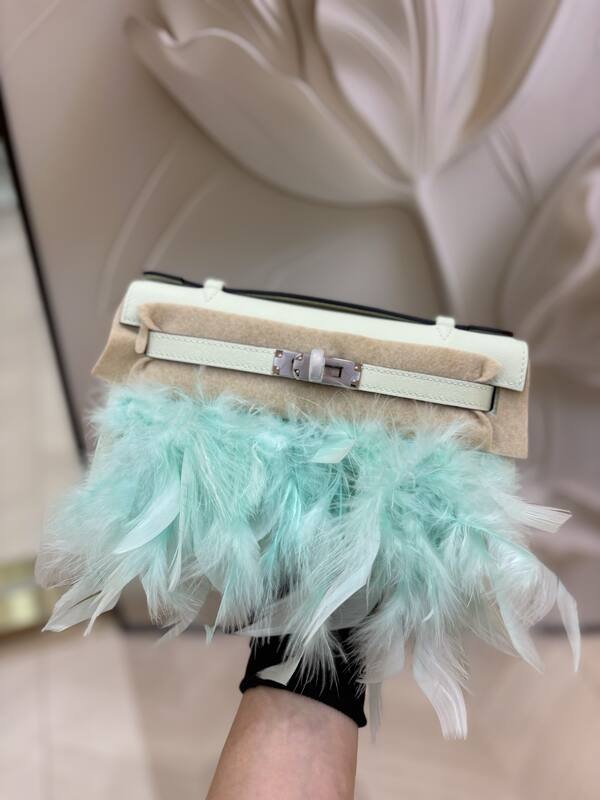 Hermes Kelly White Beige with Mint Feather Trim evening — Top Quality Replica