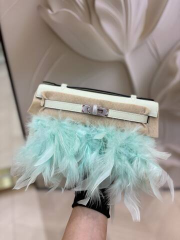 Hermes Kelly White Beige with Mint Feather Trim evening Top Quality Replica