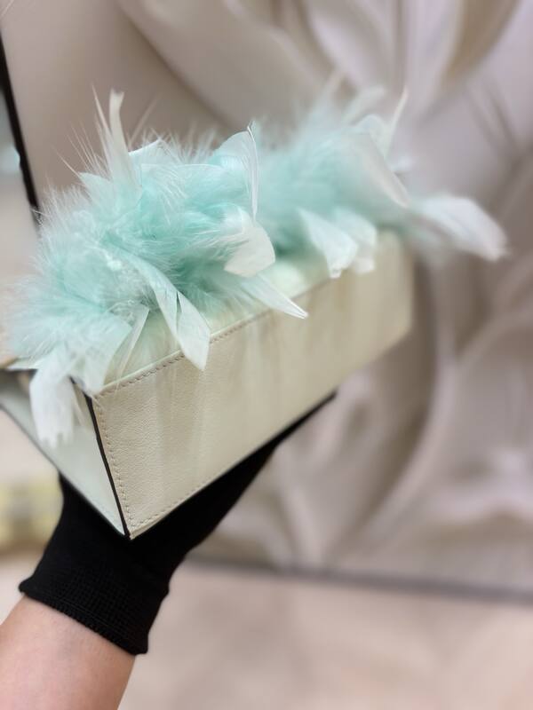 Hermes Kelly White Beige with Mint Feather Trim evening — Top Quality Replica