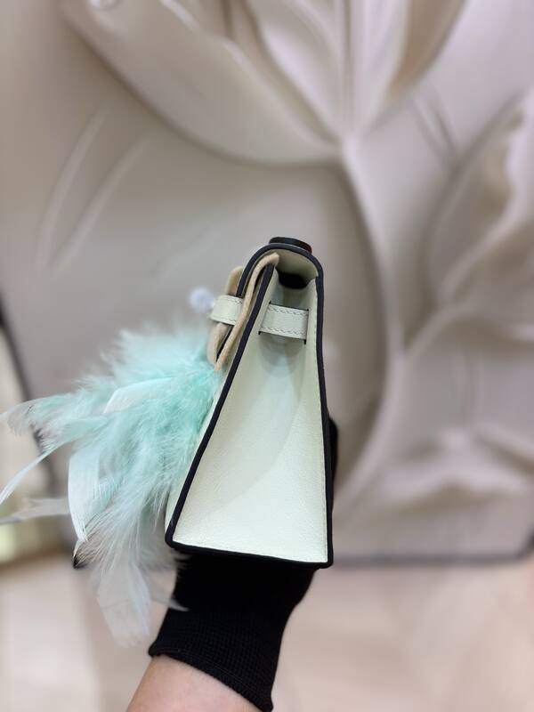 Hermes Kelly White Beige with Mint Feather Trim evening — Top Quality Replica